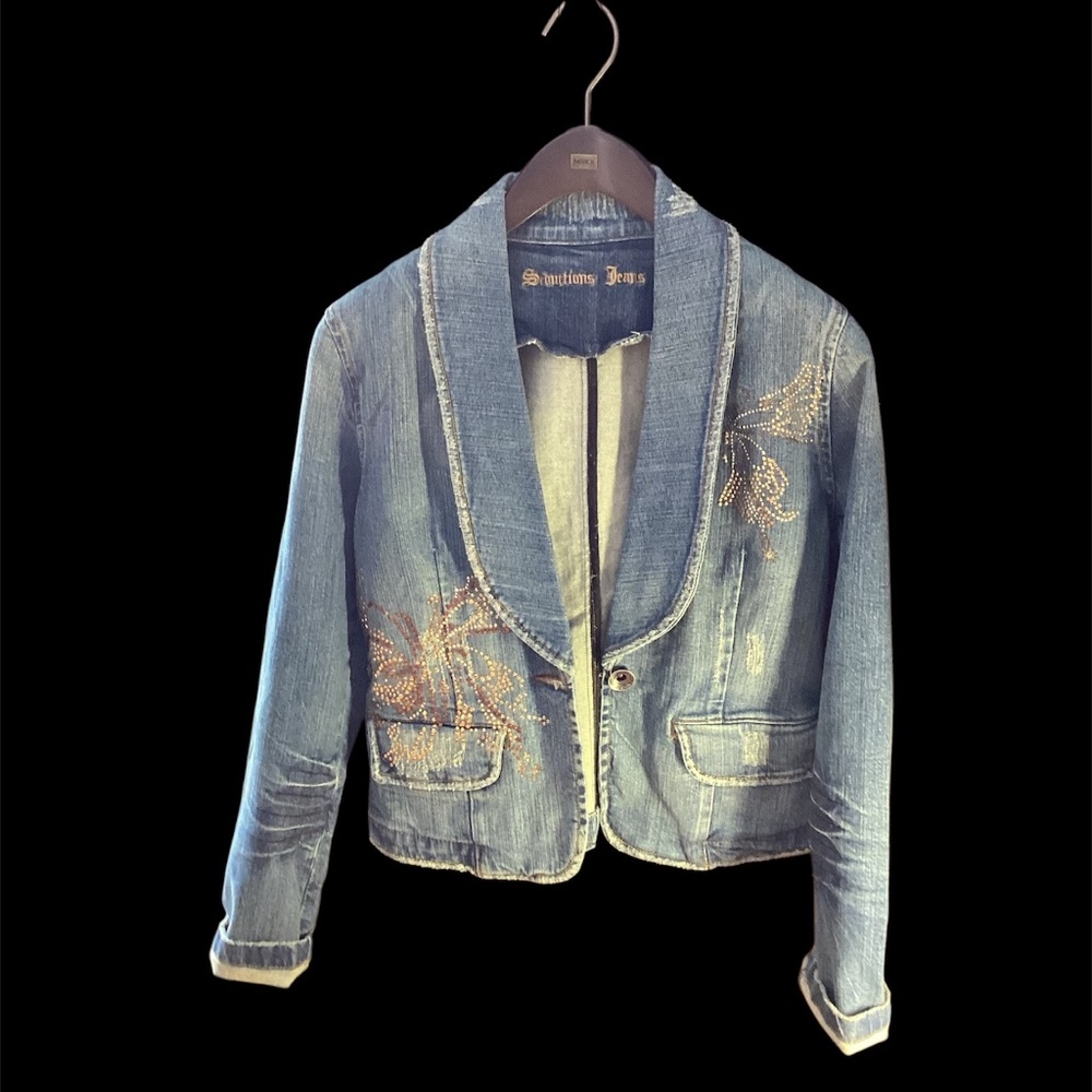 Embellished Distressed Seductions Jeans Cotton Jean Jacket Size 7 - Picture 2 of 10